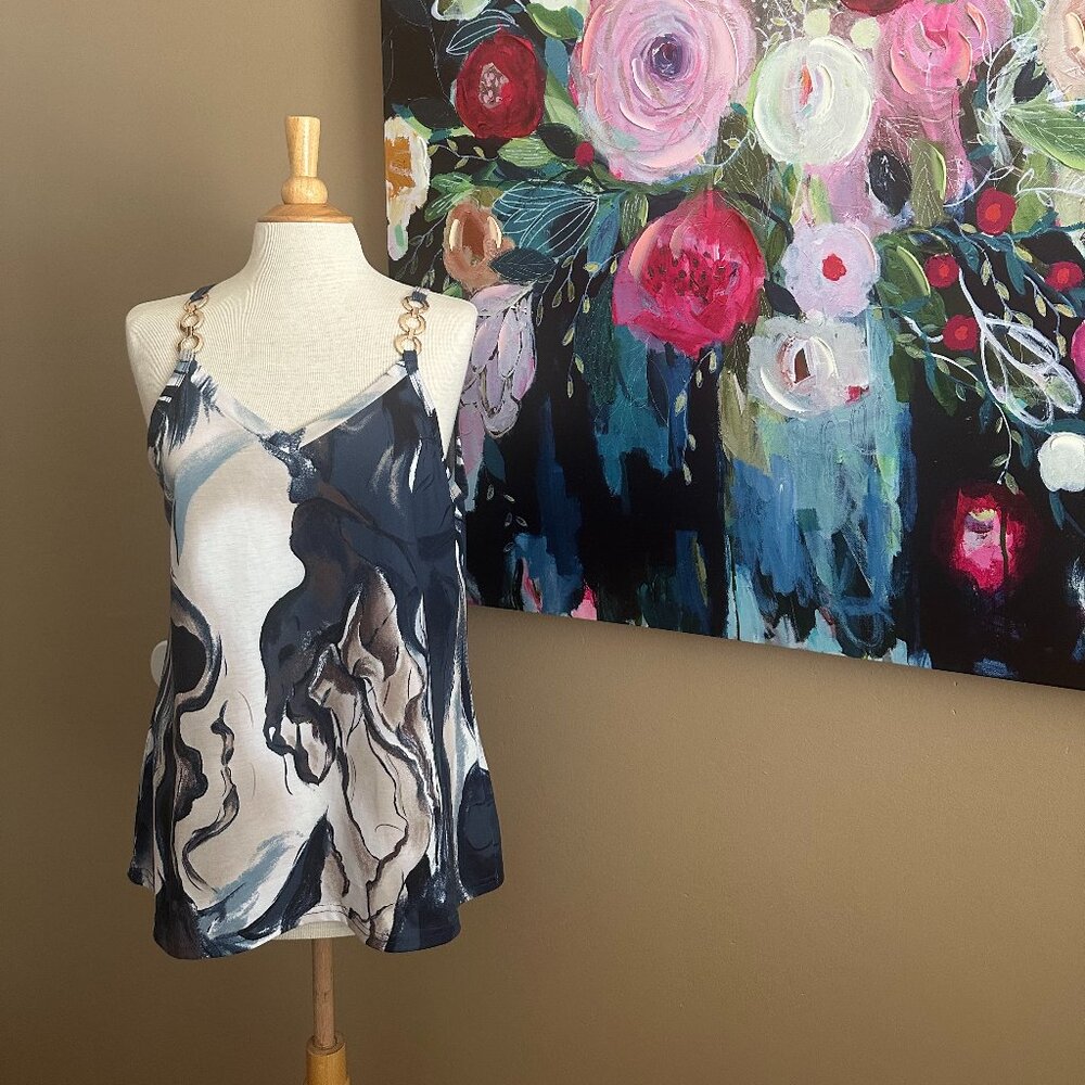 Abstract Print Chain Strap Tank Top L Blue Gray Flowy Resort Coastal Chic